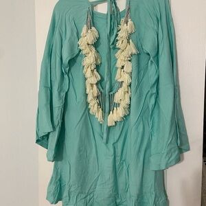Turquoise cover up with open back/tassels